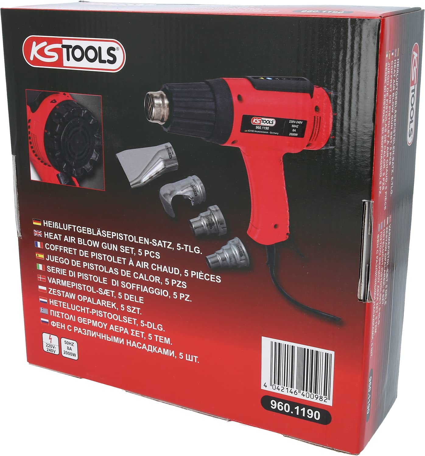 KS TOOLS 960.1190 - Décapeur Thermique 2000W - Pistolet Thermique à Air Chaud - 2 Positions - Réglage de Température par Molette sur 6 Plages entre 50° à 650° - 4 Buses - Couleur Rouge