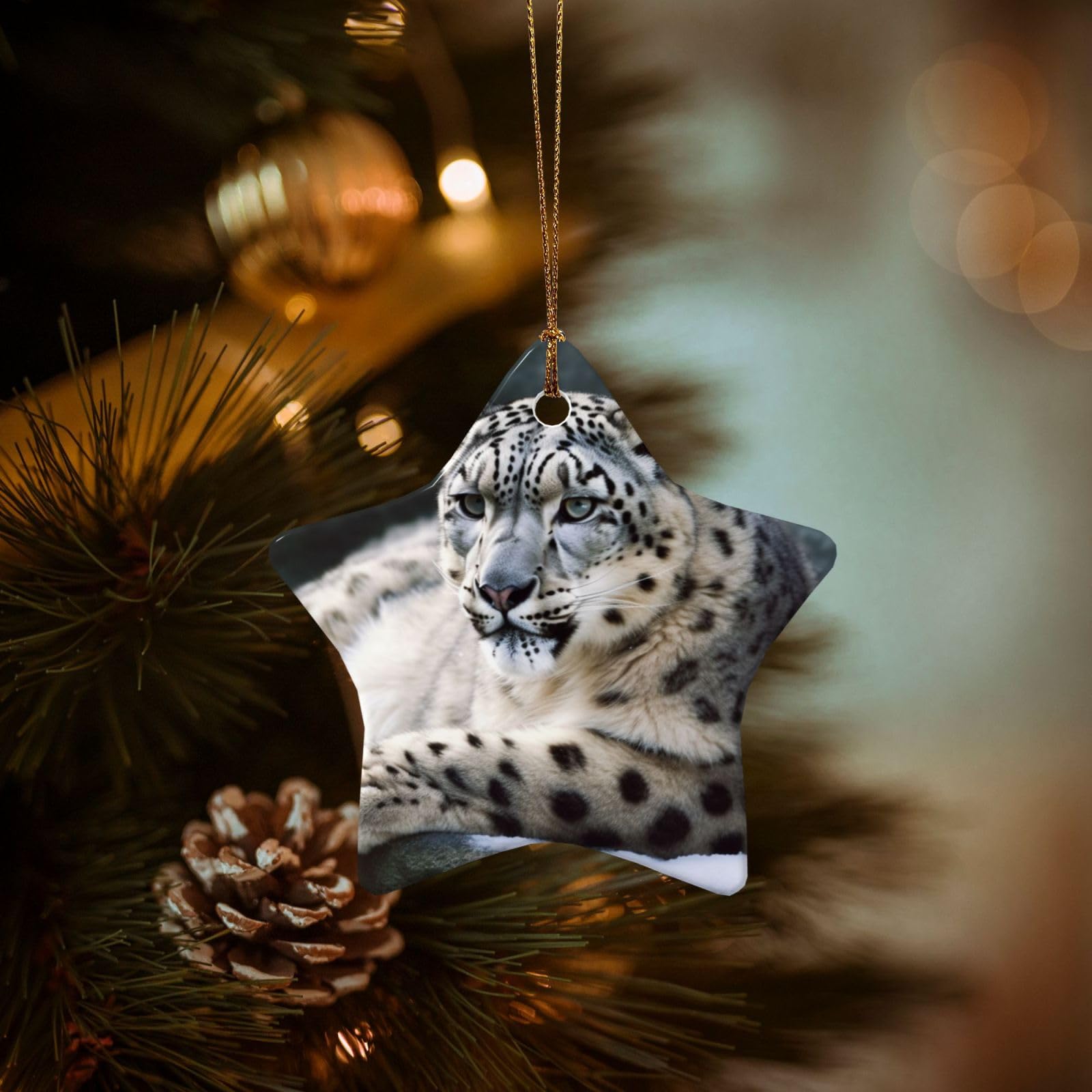 Christmas Ornaments for Christmas Tree Decoration Hanging Snow Leopard Ornament with Gold Ribbon Crafts Star Shape Ceramic Pendant for Keepsake Gifts Xmas Decor Party Supplies