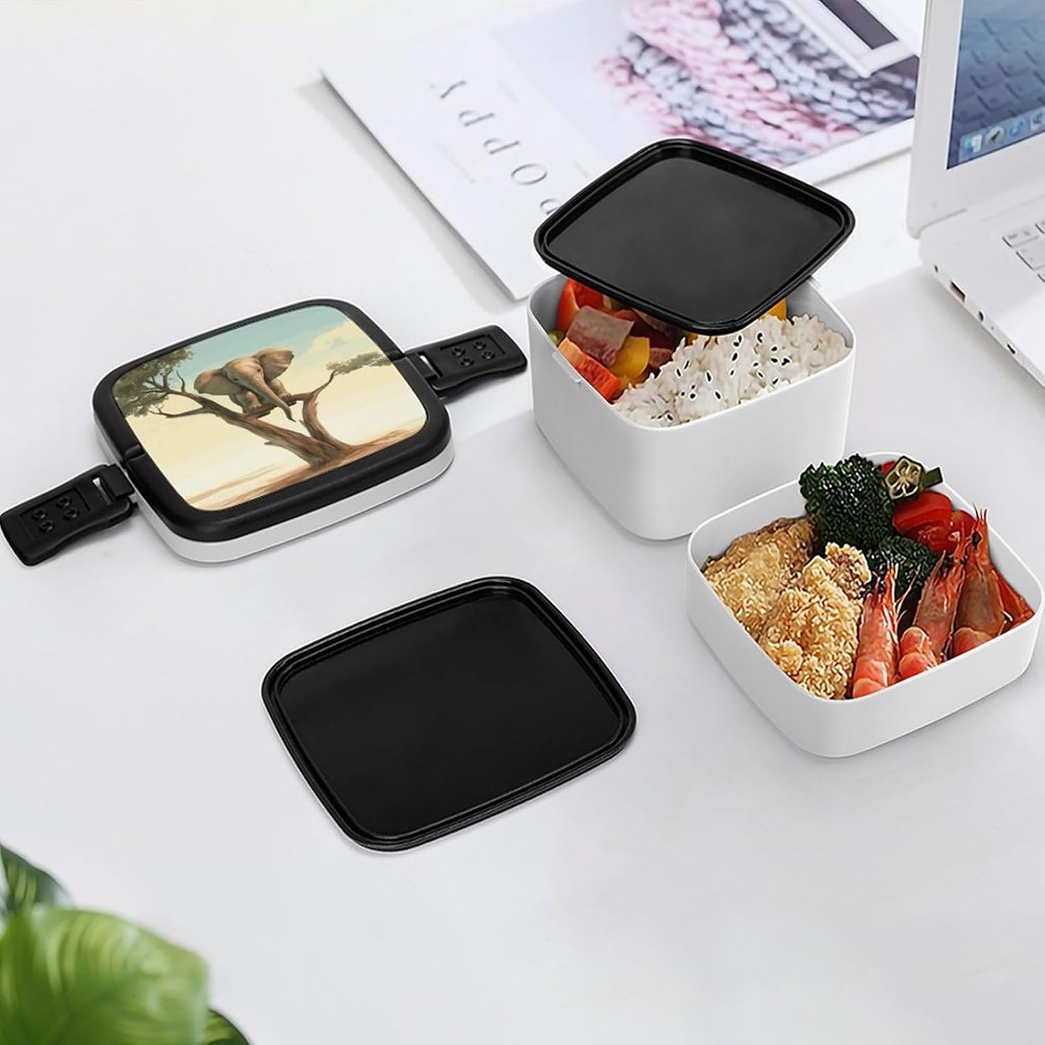 Adults Lunch Box Adult Bento Box Stackable Bento Box BPA-Free Little Elephant on Tree Lunch Box Food Container Ideal for Meal Prep, Work, And On The Go