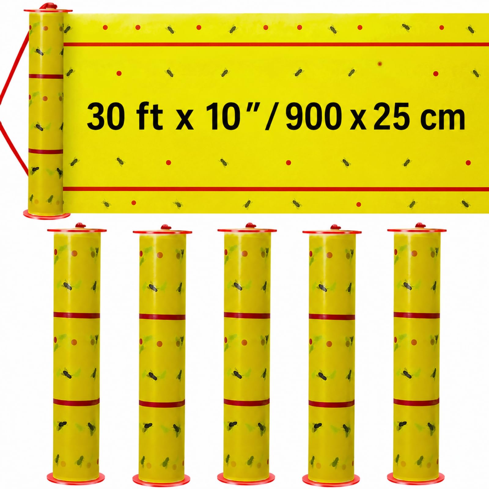 Qualirey Nastro adesivo gigante per volo, per interni ed esterni, non tossico, per frutta, faggio, zanzare, casa, cavalli, stalla (9,1 m, giallo, 5 pezzi)