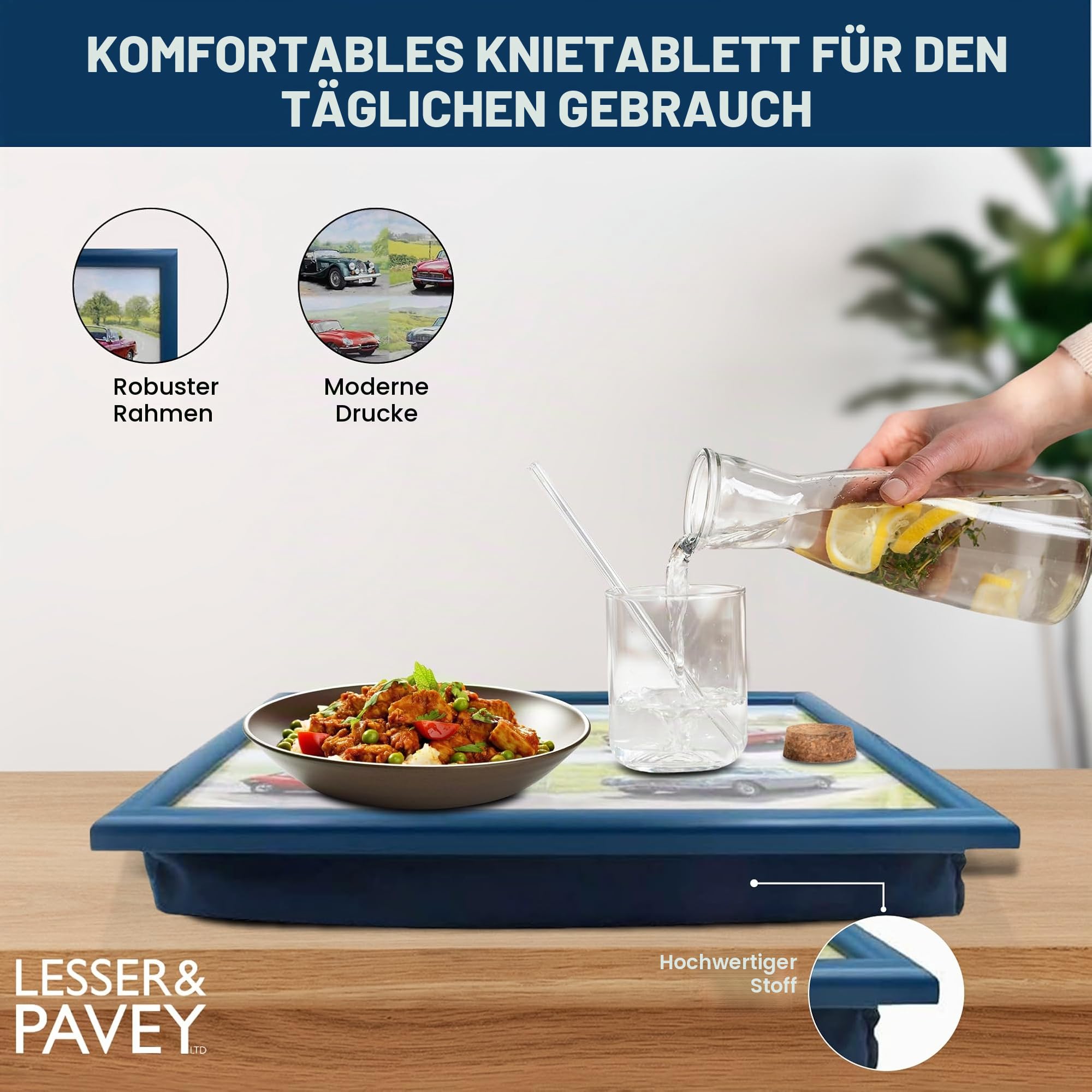 Lesser & Pavey Knietablett mit gepolstertem Kissen, geeignet für Getränke, Lebensmittel, Frühstück und Laptop, schönes Design für Zuhause und Büro