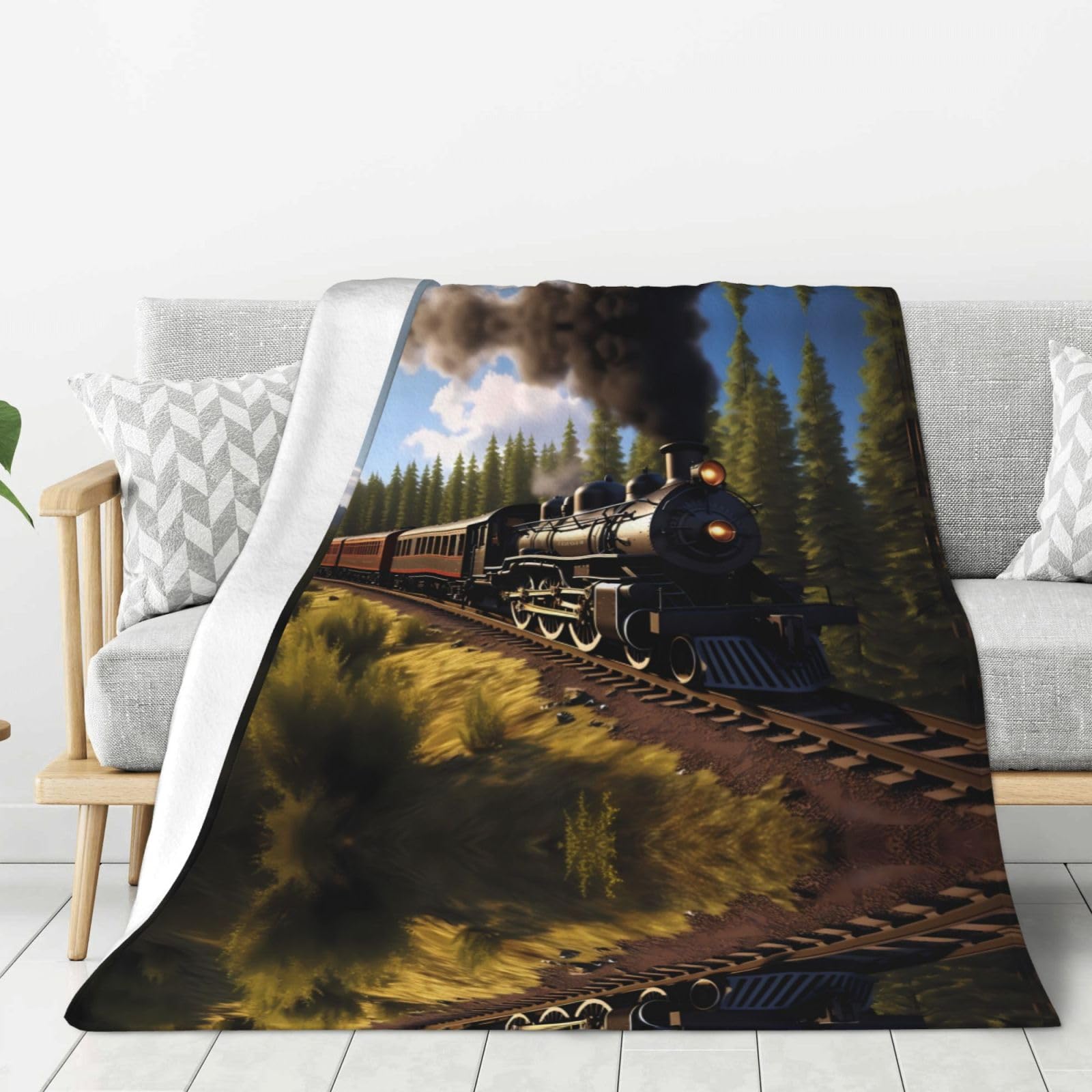 Plaid en flanelle imprimé train à vapeur 203x152 cm jeté de lit chaud doux