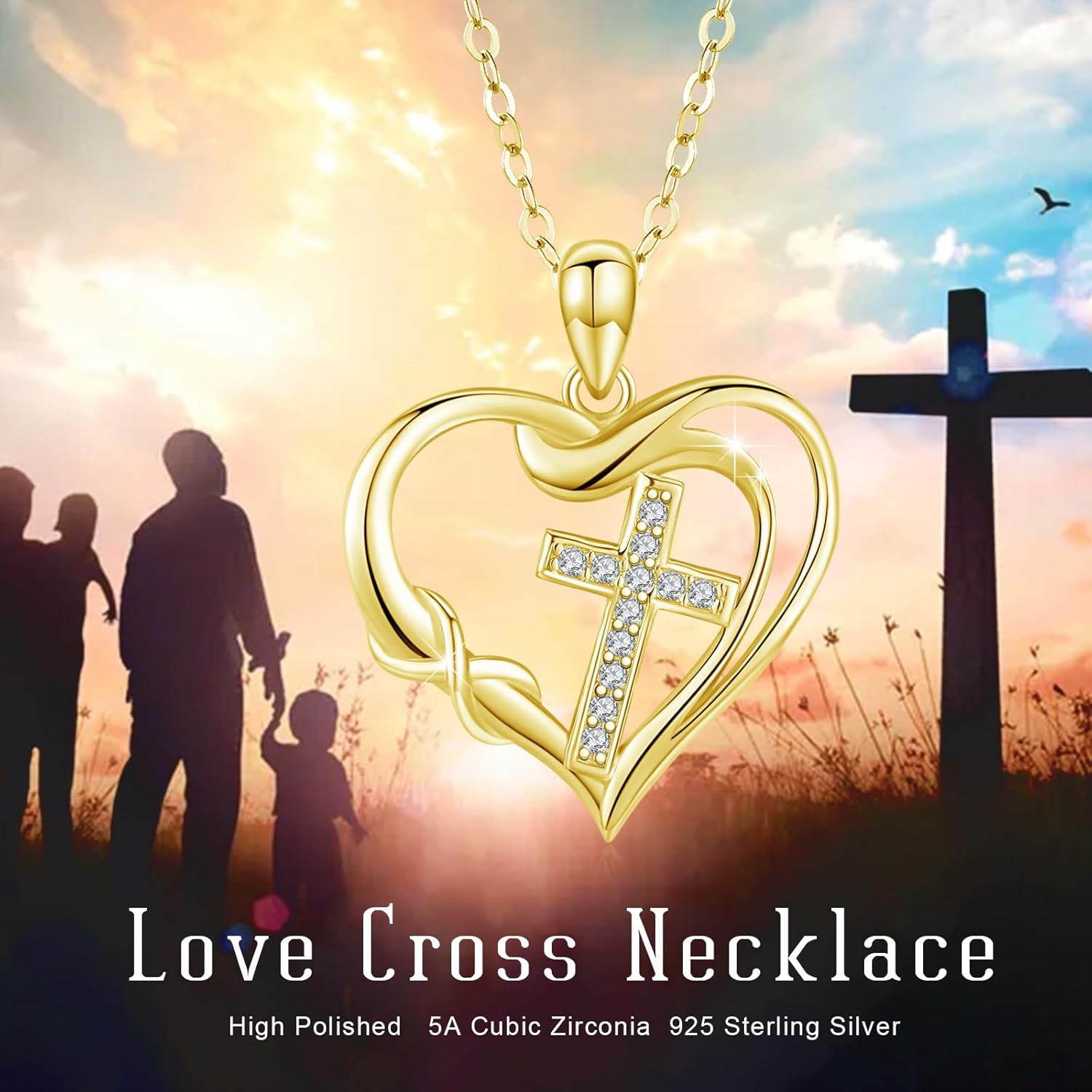 CUOKA MIRACLE Cross Necklace Love Heart Infinity Pendant Necklace 925 Sterling Silver with Dainty Chain 18’’ Jewelry Christmas Gift for Women Girlfriend Valentine Mother Graduation Gift