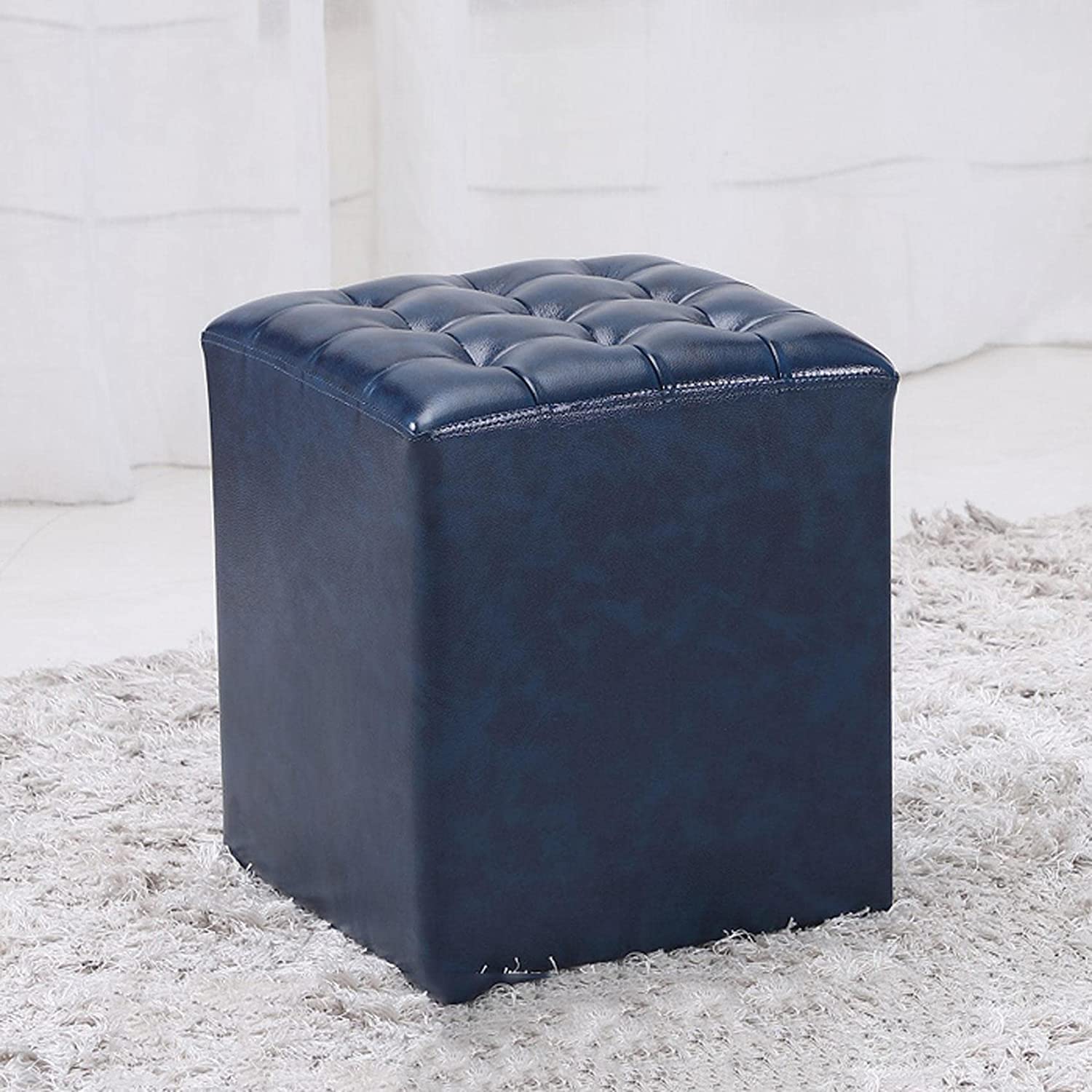 Repose-pieds carré bleu foncé en cuir souple pour salon et entrée 32x32x35cm