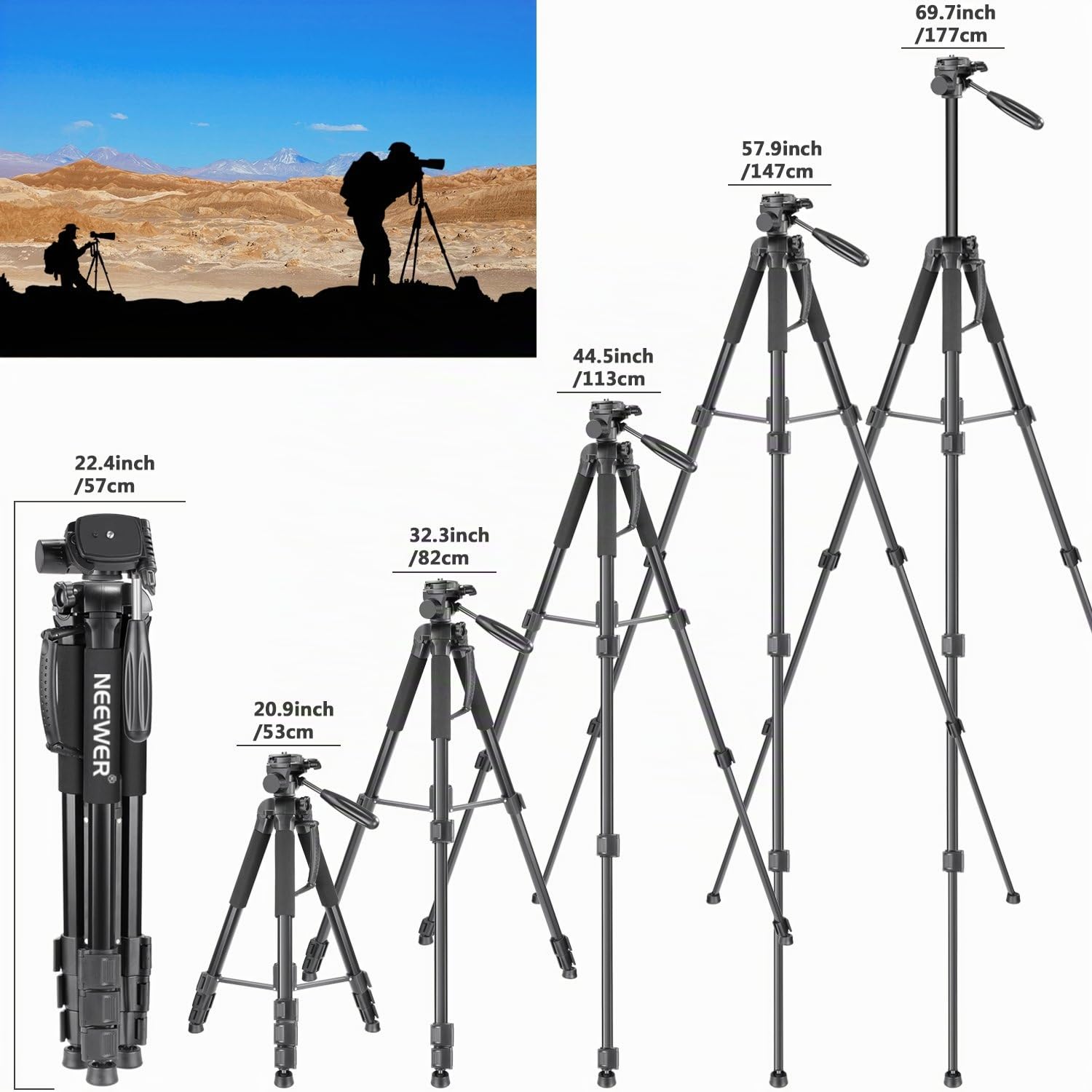 Neewer Tragbarer 177cm Aluminium Legierung Kamera Stativ Einbeinstativ mit 3-Wege-Drehgelenk Pan Head für DSLR-Kamera schwarz – Bild 4