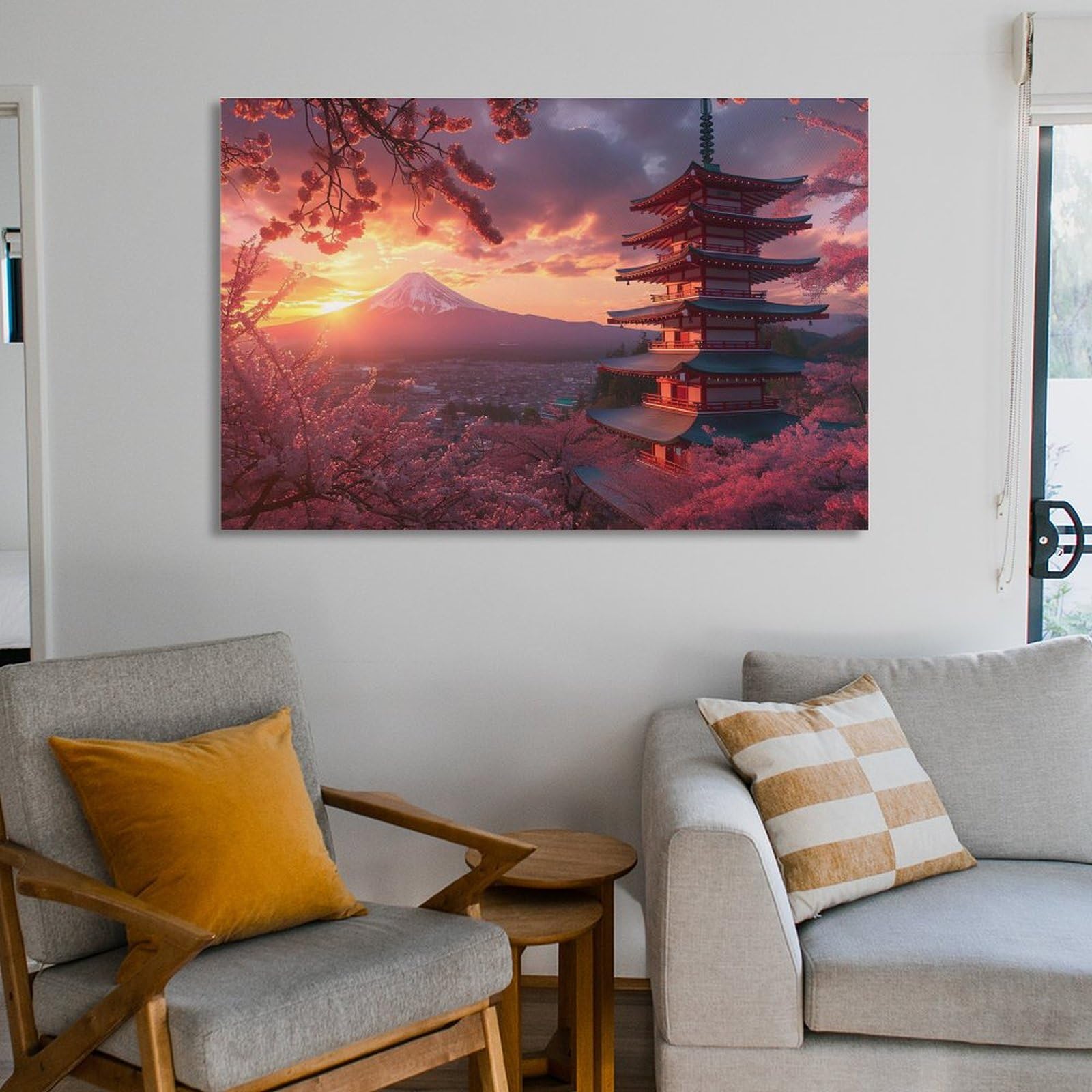 Amazon.co.jp: 絵画 夕暮れ時の富士山五重塔の桜インテリア 絵画