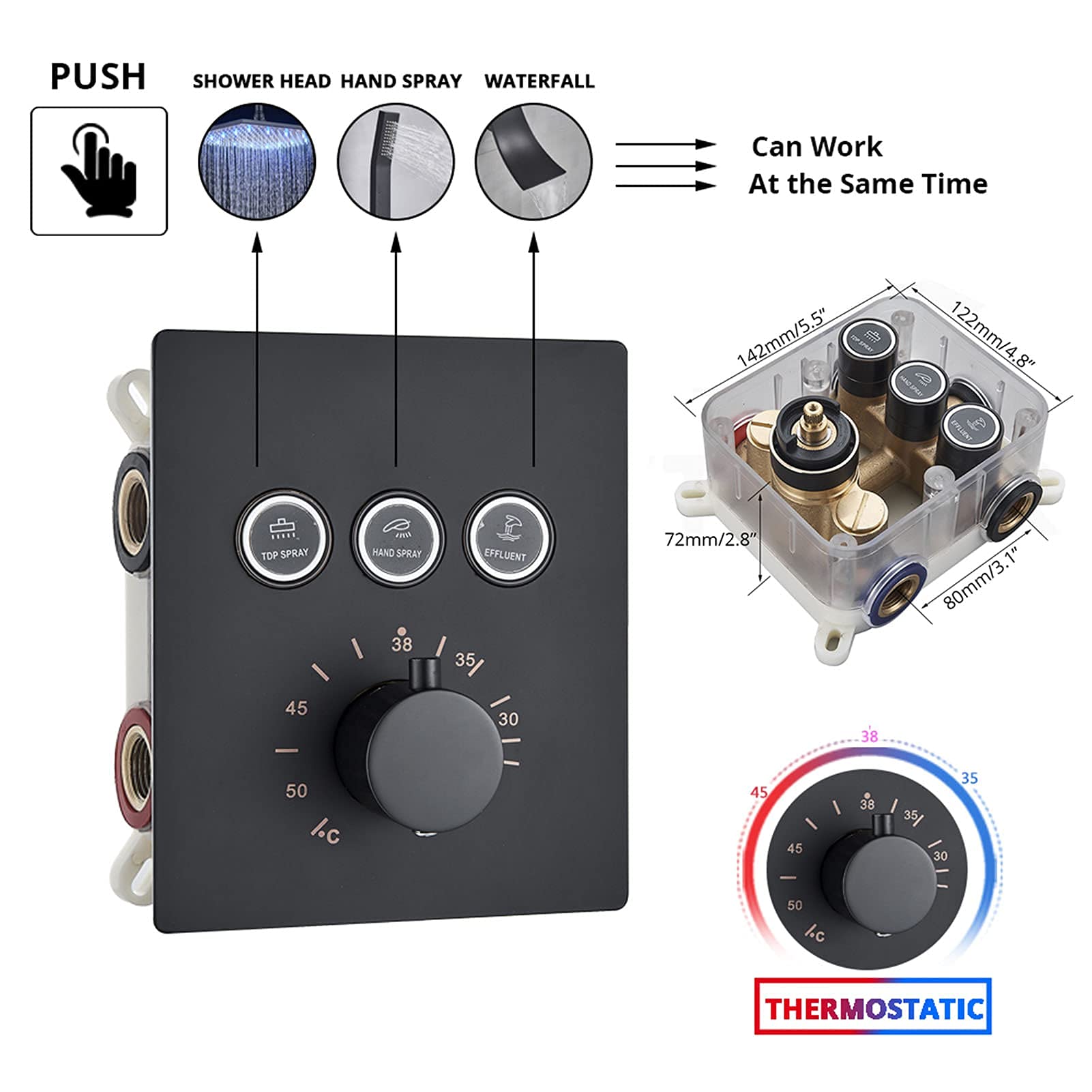 Grifo termostático de ducha de baño, negro, cabezal de ducha LED con ducha de mano, grifo mezclador de bañera montado en la pared, juego de ducha de baño en cascada