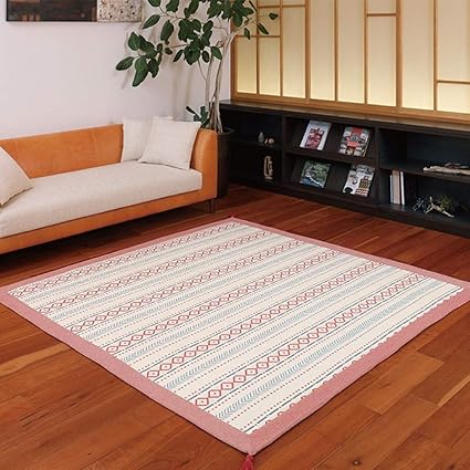 Amazon Storepocket ラグ ラグマット カーペット コットン インド綿ラグ ネイティブ柄 洗える 裏面不織布 タッセル付き ホットカーペット対応 コンパクト収納 綿100 インド製 2畳 約185 185cm 正方形 レッド Storepocket ラグ カーペット 通販
