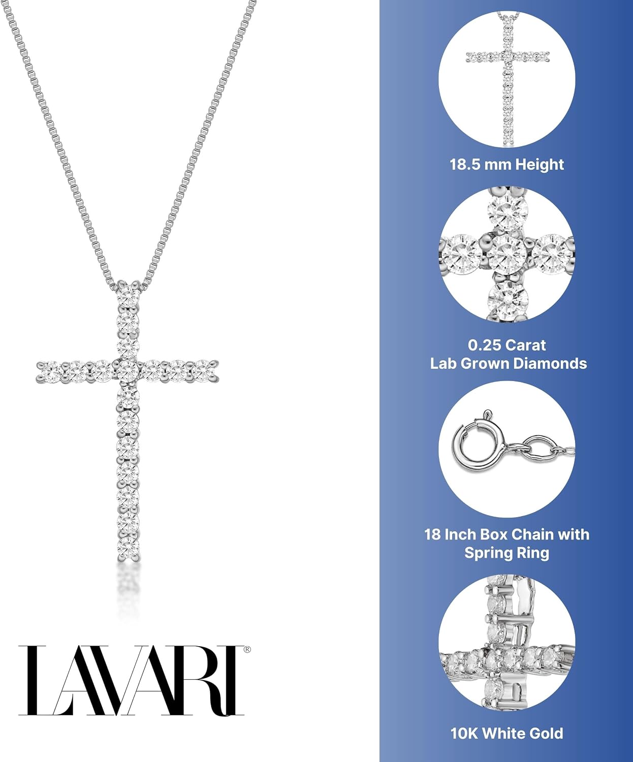 Lavari Jewelers 1/4 to 1 Carat Lab Grown Diamond Cross Pendant Necklace for Women - 10k White Gold Pendant - 18 Inch Long Chain Necklace (G-H, VS2-SI1, 0.25 to 1 cttw) Spring Ring