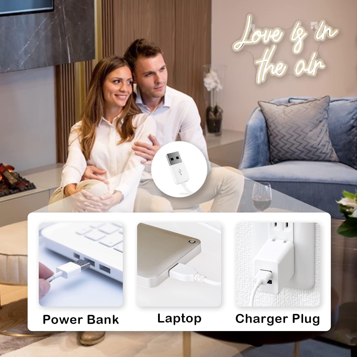 Looklight Neonowy znak "Love is in The Air", ciepła biel, LED, do dekoracji ścian, zasilany przez USB, litera, neonowa lampa, do sypialni, domu, baru, zaręczyn, na ślub, urodziny, przyjęcie, prezent