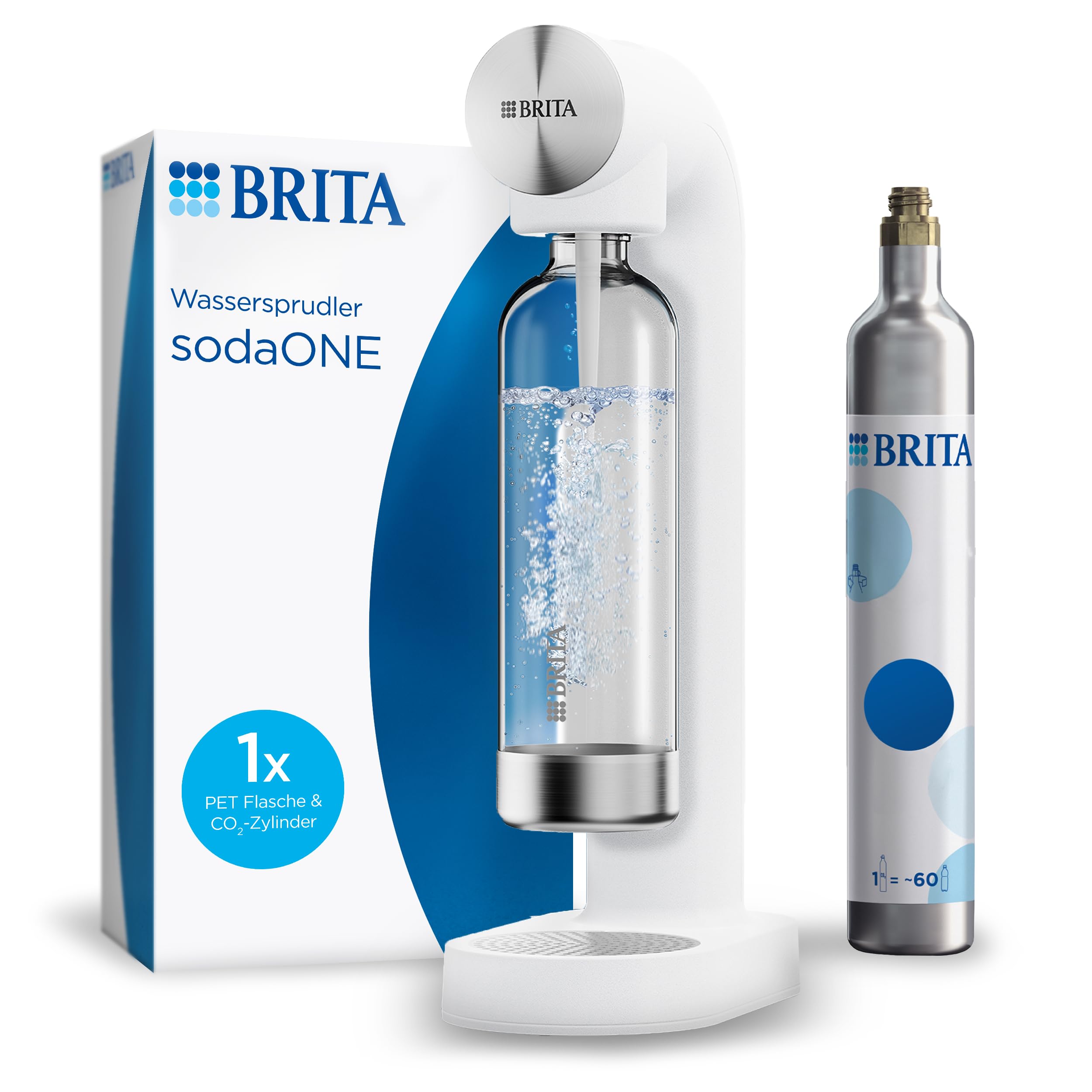 BRITA Wassersprudler sodaONE weiß inkl. CO2-Zylinder und BPA-freier PET-Flasche | Macht aus Leitungswasser prickelndes Sprudelwasser (bis zu 60l pro Zylinder)