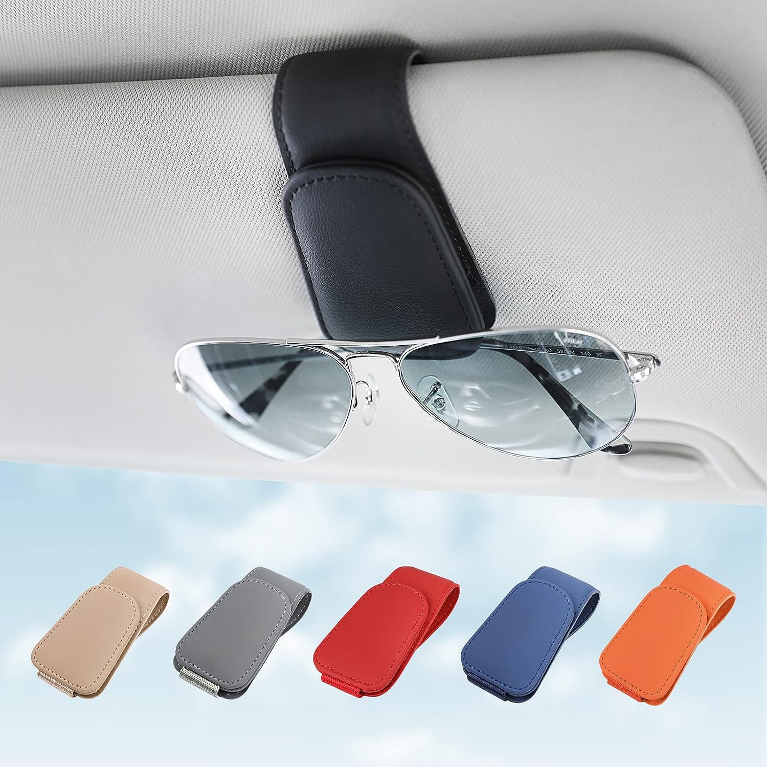 ALMEKAQUZSunglass Holder for Car Sun Visor, Magnetic Leather Glasses Eyeglass Holder, Vehicle Visor Accessories, Ticket Card Clip Eyeglass Mount, Auto Travel Organizer Essentials Accessories (Black)