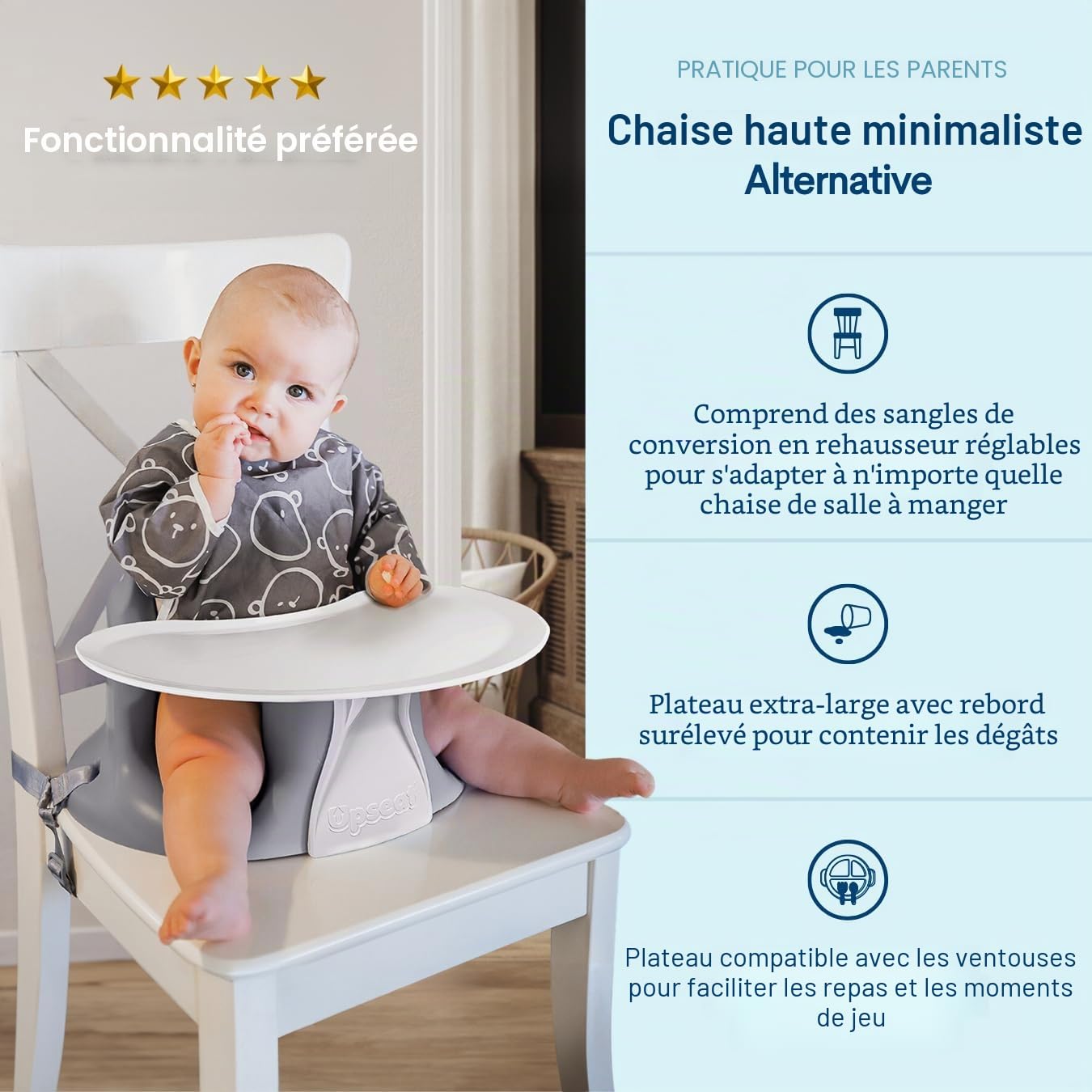 Upseat Siège rehausseur de chaise bébé avec plateau développé avec des kinésithérapeutes (gris)