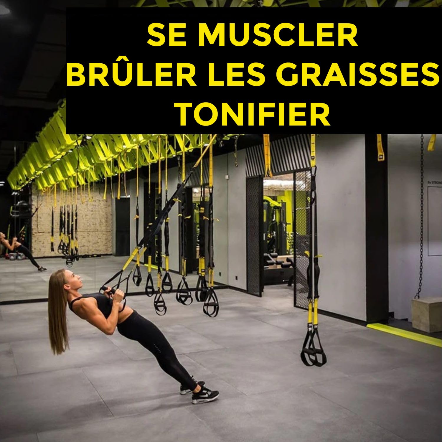 Sangles de suspension (fixation murale et de porte incluse), roulette abdominaux et bande élastique musculation. Appareil de musculation avec roue abdominale, bande élastique et sangle suspension
