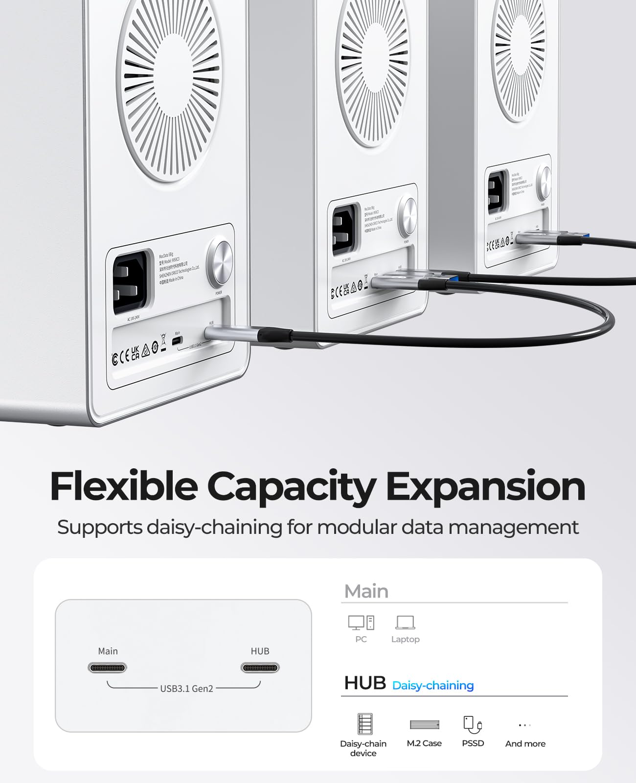 ORICO 5BIG Enclosure per disco rigido SATA HDD/SSD da 2,5/3,5 Pollici fino a 5 x 22 TB, Alluminio USB 3.1 Docking Station per Hard Disk, 10Gbps, Supporta Daisy Chain (9958C3)