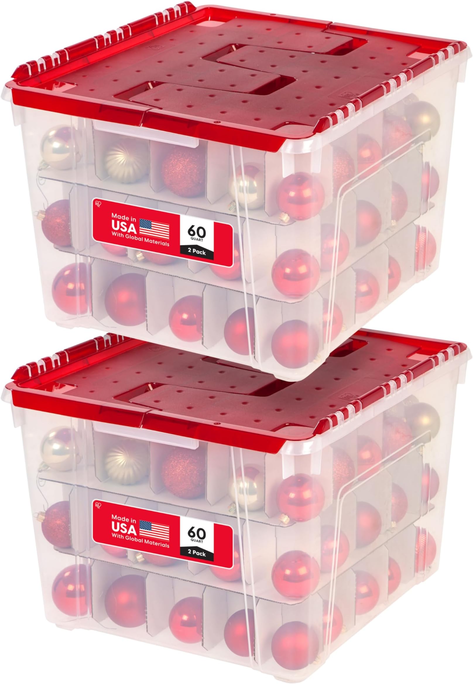 Ornament Storage Box with Attached Lid, Stores 75 Ornaments per Bin, 2-Pack, Stackable Durable Christmas Storage Organization Container Bin for Holiday Decorations and Accessories, Clear/Red