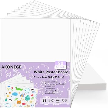 لوحة ملصقات AKONEGE 50PCS 11" x 14" ورق ملصقات أبيض سائب، 250GSM سمك لوحات الرؤية لوحات ملصقات عرض رسومية فارغة لمشاريع الفنون والحرف المدرسية الرسم العروض التقديمية المكتبية اللوازم