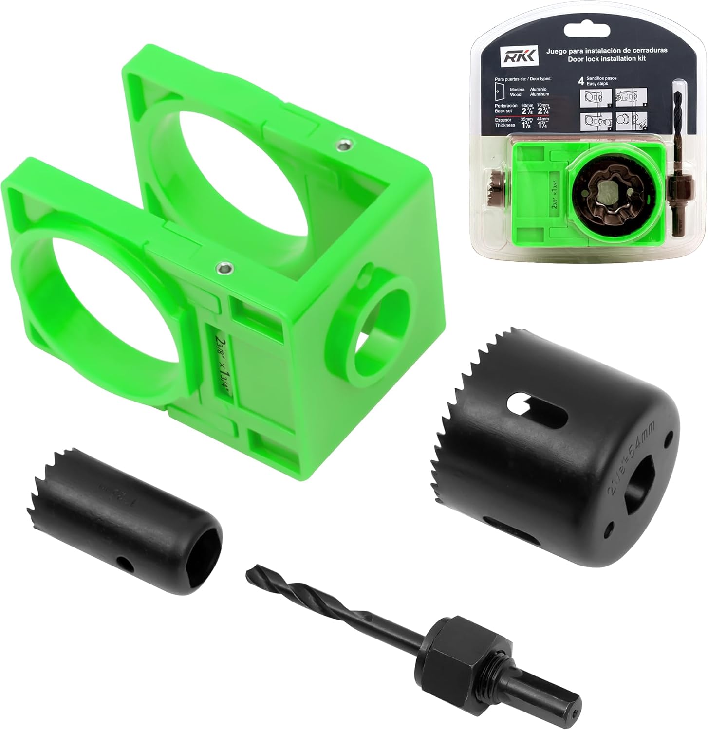 RKK Door Knob Hole Saw Kit, Deadbolt Installation Kit with Door Knob Jig Kit Door Lock Installation Kit Door Hole Drilling Kit for Wooden Doors (Green)