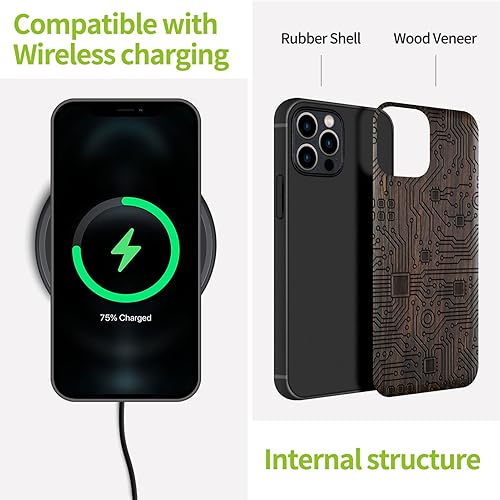 Miniatura 7 de Carveit Funda magnética de madera para iPhone 12 Pro madera natural y TPU suave negro a prueba de golpes, funda protectora única y elegante de
