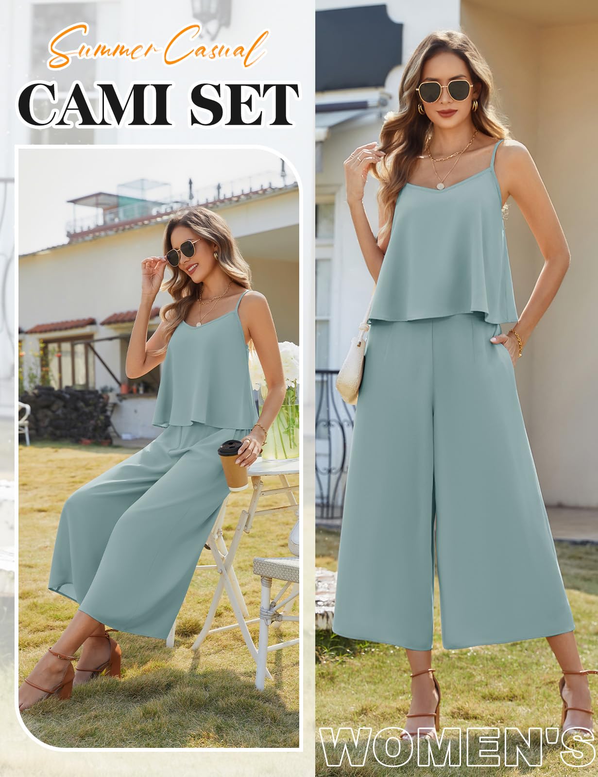 Ensemble Femme Été 2 Pieces Tops sans Manches et Taille Haute Pantalons Fluide Décontracté Jambe Large avec Poches Chic et Elegant Outfit Loungewear Set