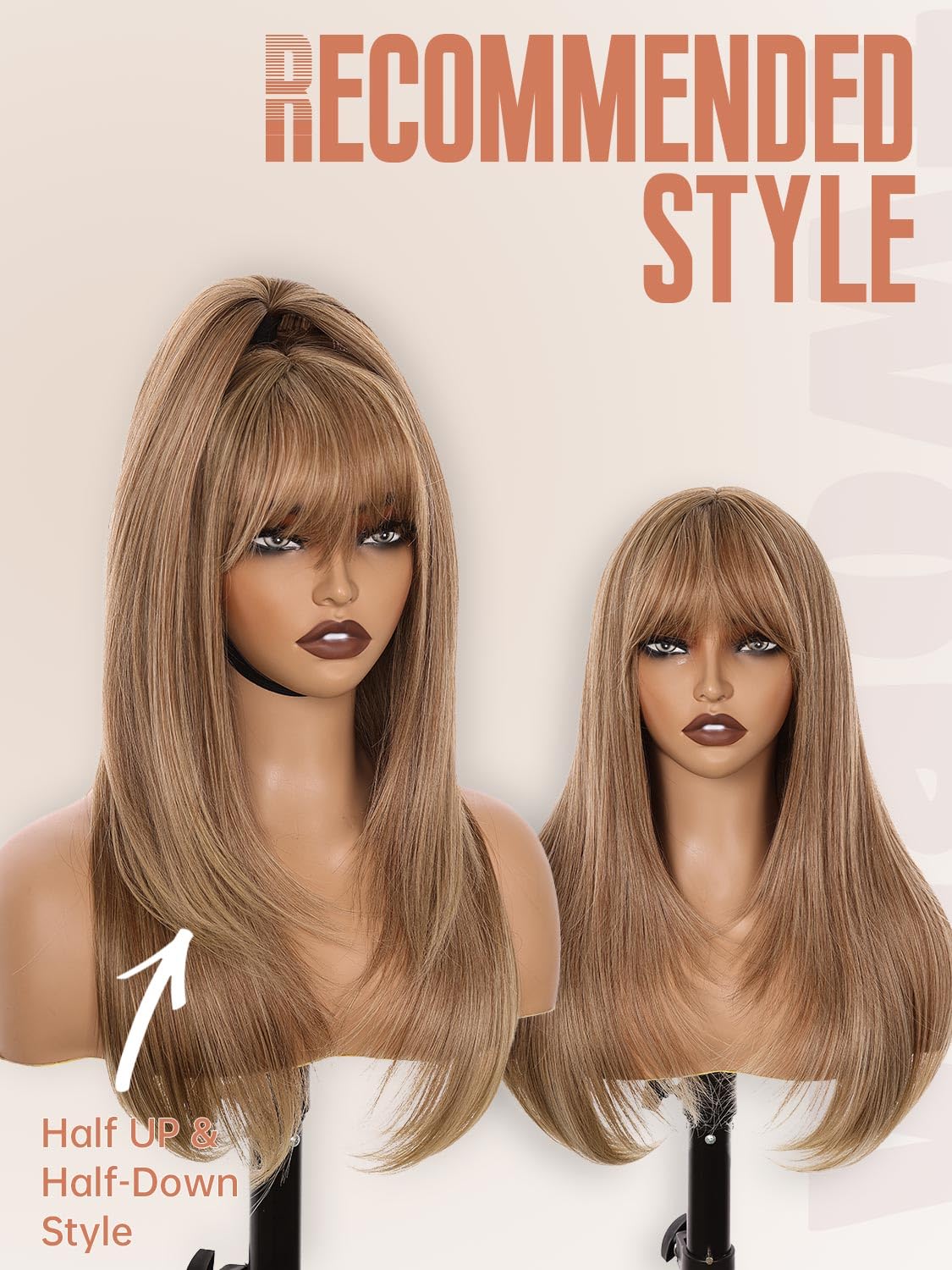 26 Inch Warm Golden-Brown Wig with Bangs | 26 Inch Long Layered Synthetic Wig for Women | Heat Resistant, Realistic Scalp, Freestyle Parting | Wear & Go, No Glue Needed | Cosplay & Daily Use