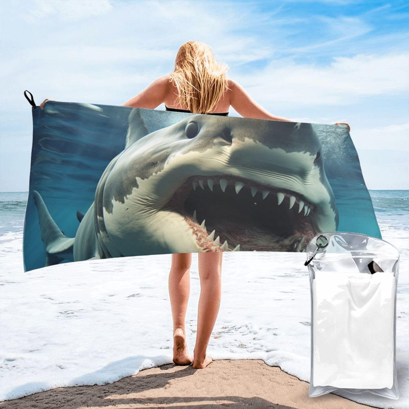 DWVTSLH Microfiber Sand Free Beach Towel 31.5"x63", Quick Dry Absorbent Travel Towel Large Camping Blanket, Shark Mouth Bath Towels Lightweight Pool Swim Towels for Vacation Essentials