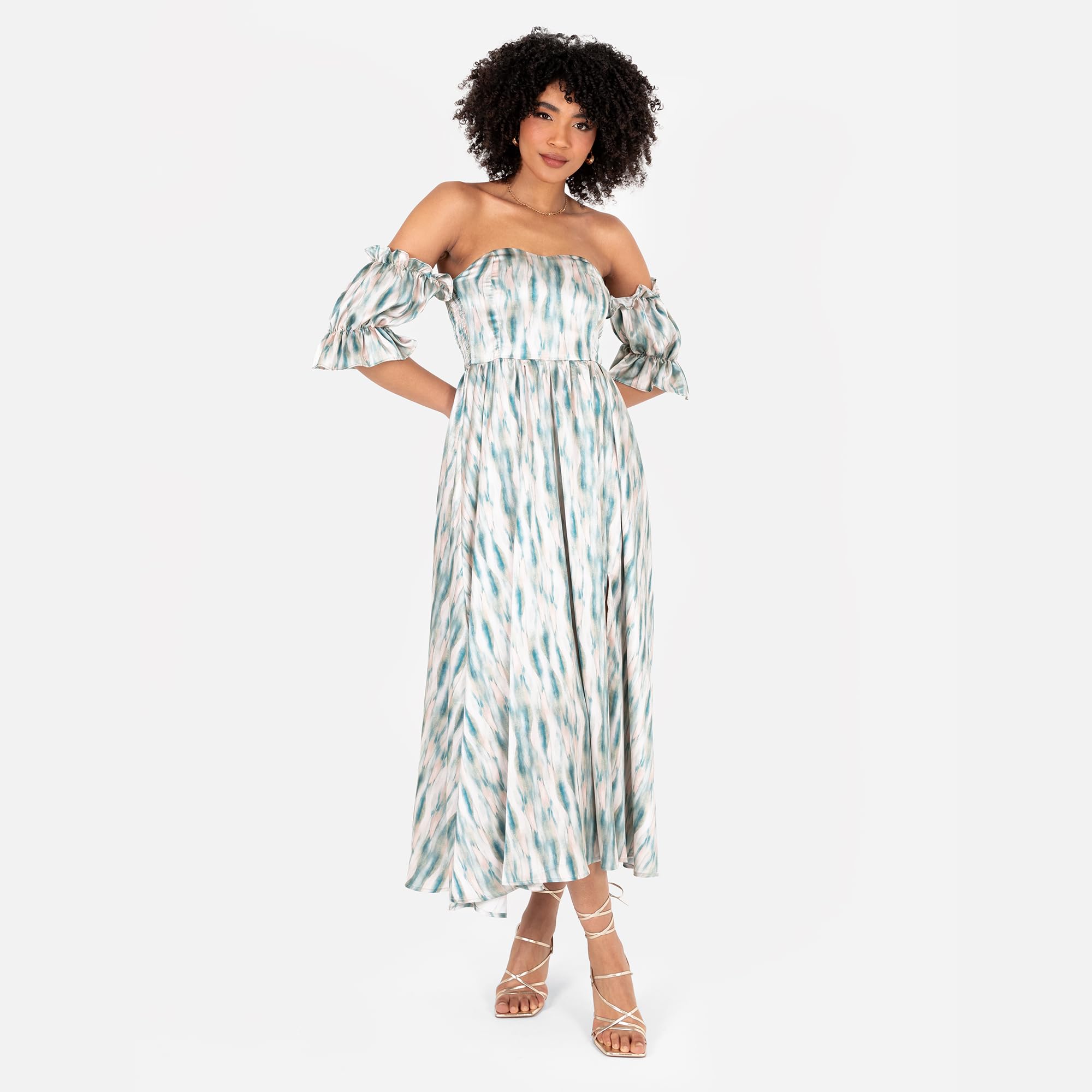 Lovedrobe Vestido para Mujer Midaxi Bardot Off-The-Shoulder Neckline Short Ruffle Sleeve A-Line Split Leg Abstract Print