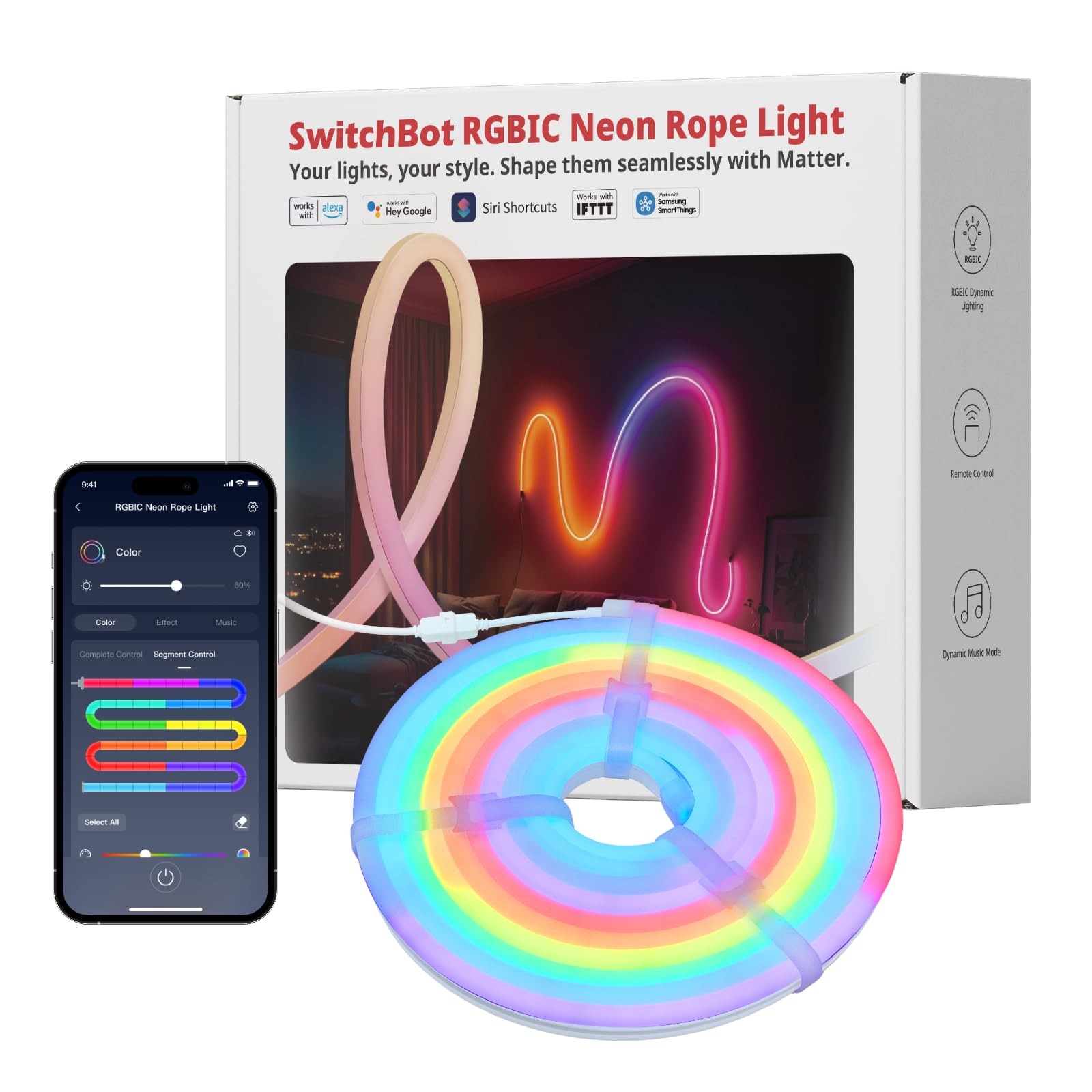 SwitchBot RGBIC Neon Rope Light, 5M Matter Neon LED Strip Light Works with Apple Home, Alexa and Google Home, 16 Million Colors, Music Sync, Scene Modes, LED Neon Lights for Bedroom, Wall Decor