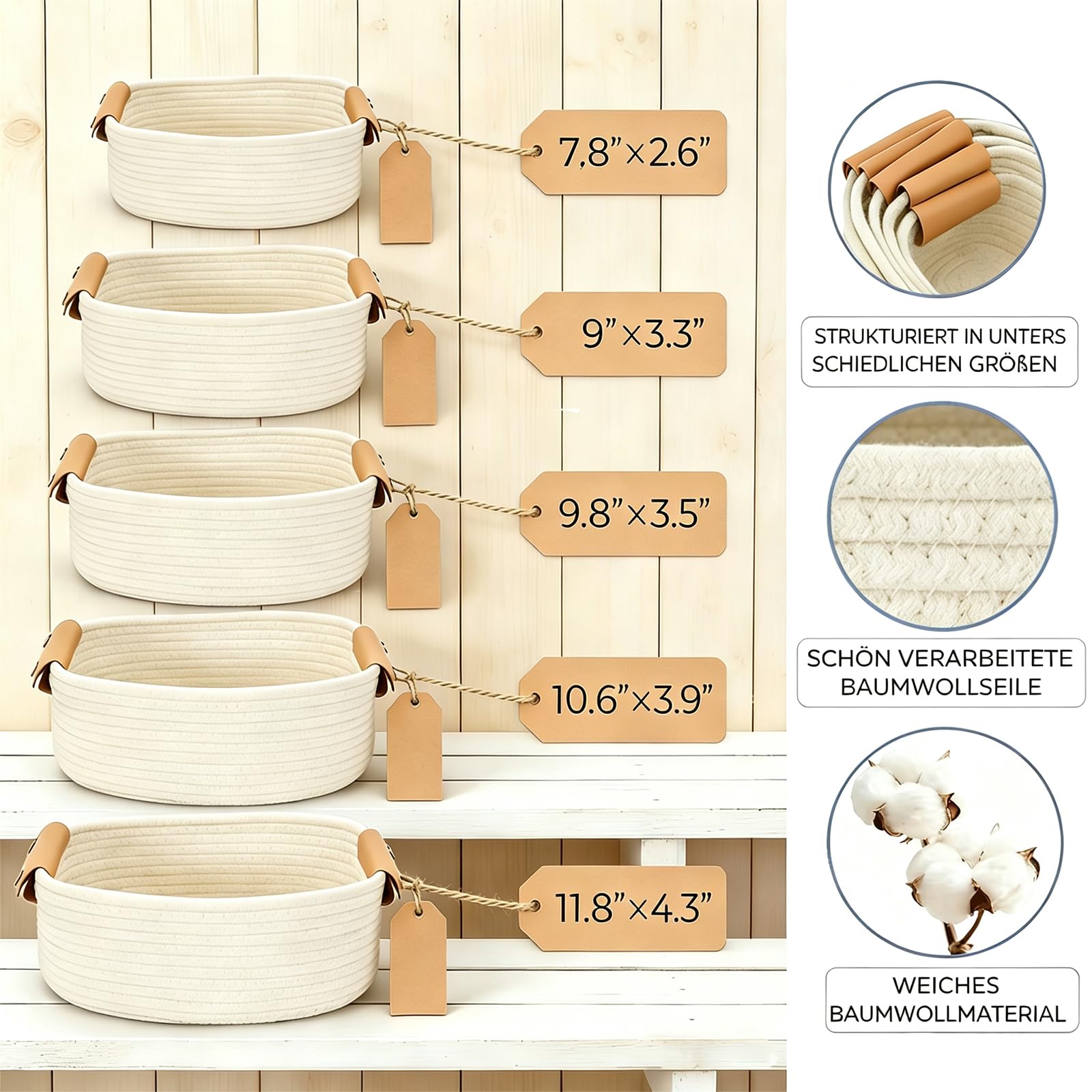 SVNR Juego de 5 cestas de almacenamiento de mimbre con asas de piel sintética para almacenamiento, organizadores para estantes, armarios, cuarto de baño y sala de estar, color blanco
