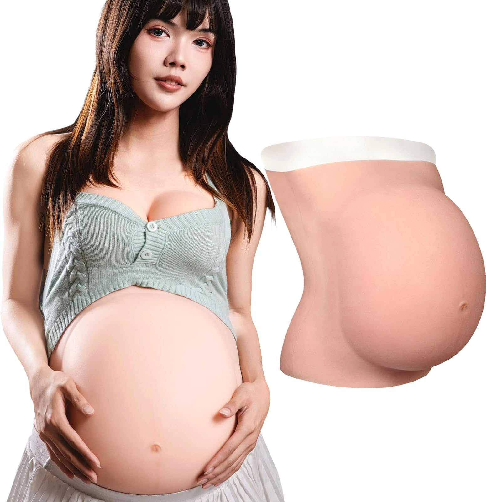 Realistic Silicone Pregnant Belly Fake Baby Bump, 6-9 Months Lifelike False Pregnancy Tummy for Cosplay Halloween Costume Theater Film Props (Beige, 9 Months)