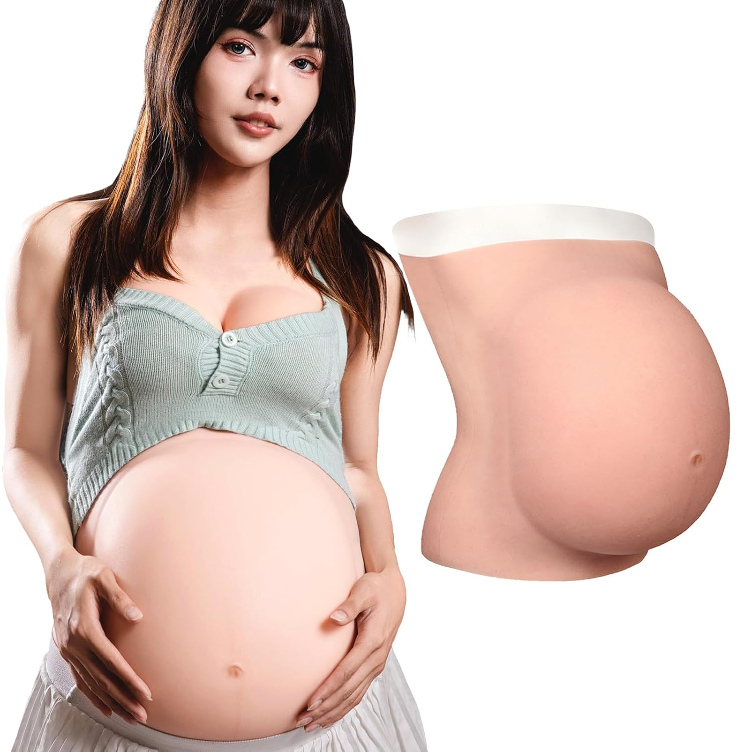 Realistic Silicone Pregnant Belly Fake Baby Bump, 6-9 Months Lifelike False Pregnancy Tummy for Cosplay Halloween Costume Theater Film Props (Beige, 6 Months)