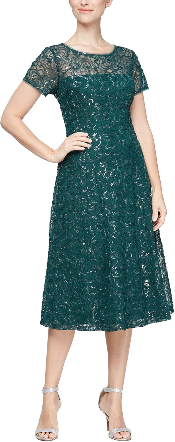 S.L. Fashions Womens Stretch V-Neck Tea Length Dress