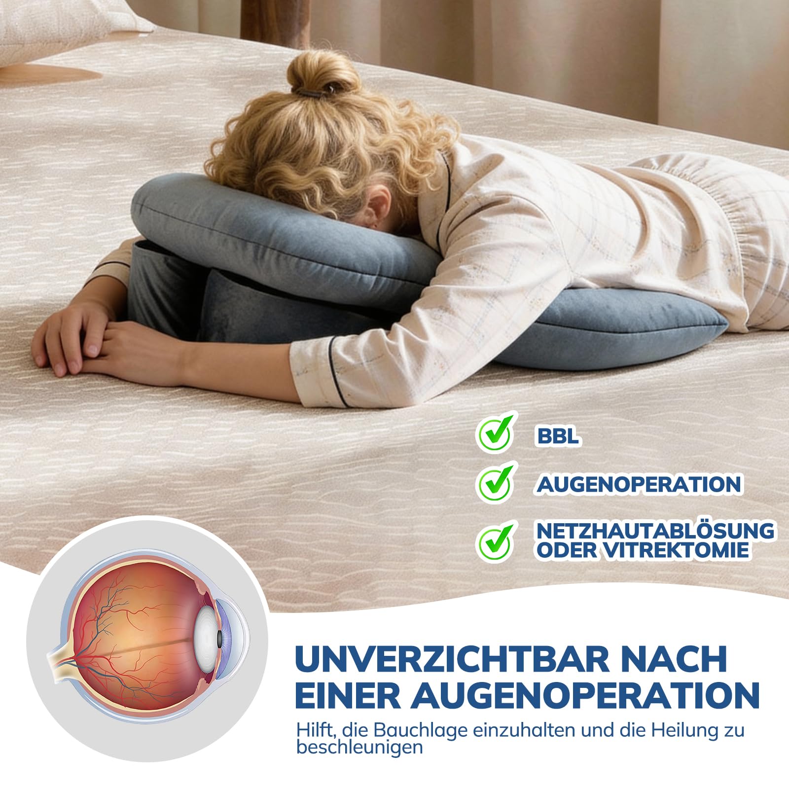 Bauchschläferkissen mit Kopfloch, Face Down Recovery Pillow für Retina- & Augen-OP, Vitrektomie & BBL Erholung, erhöhtes Keilkissen mit Atemöffnung, weicher Flanell & Samtfüllung für Bauchlage
