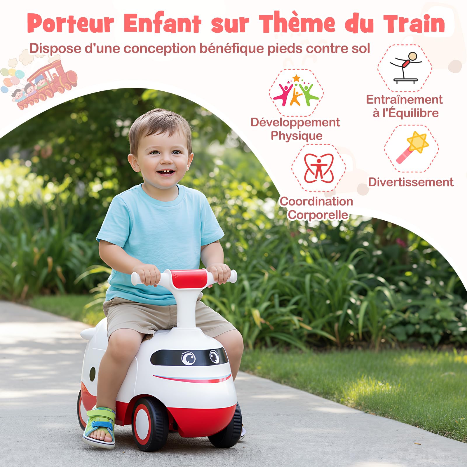 DREAMADE Porteur Enfants, Voiture pour Bébé avec Son de Rugissement de Train et Rangement Caché sous Le Siège pour Garçons et Filles de 18-36 Mois (Blanc)