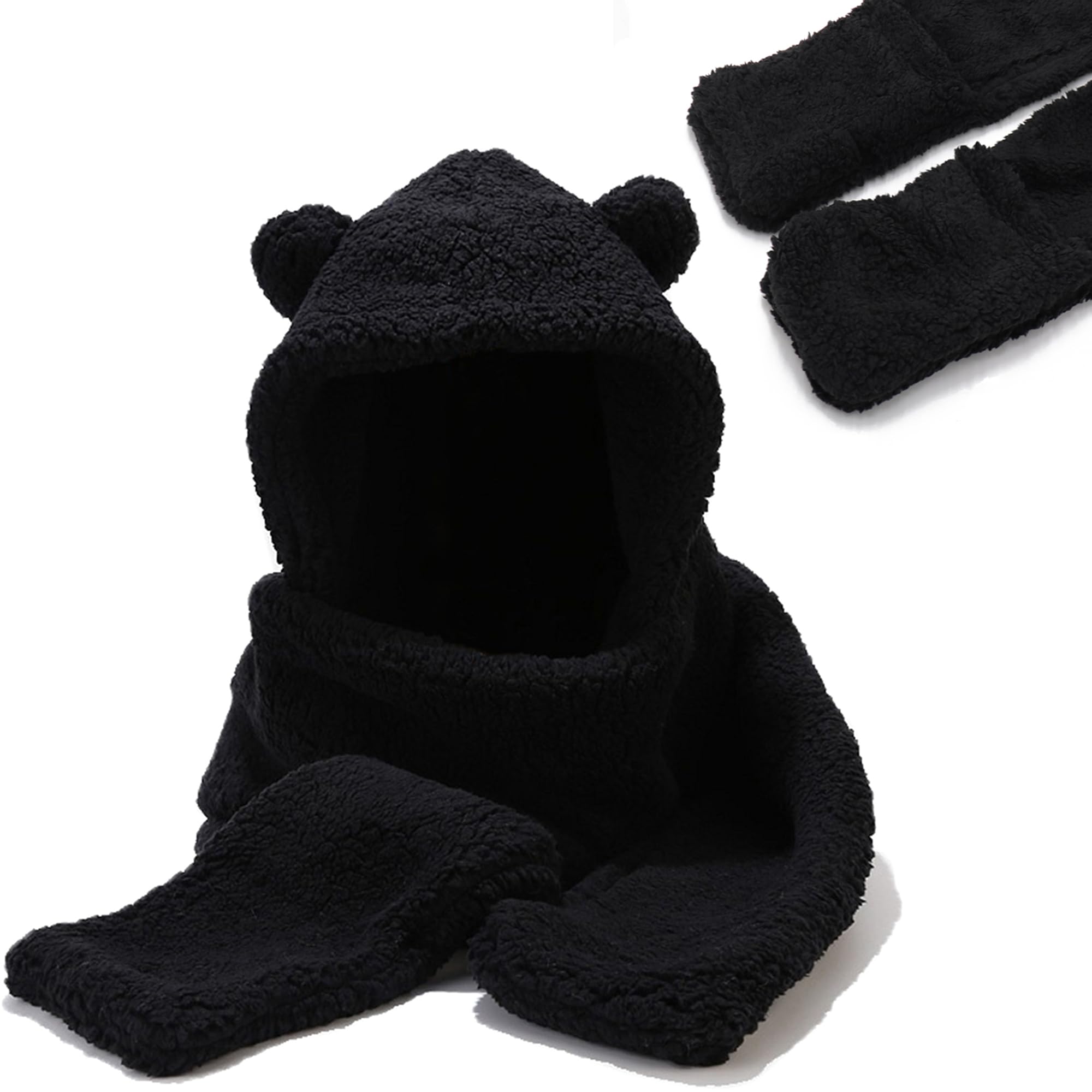 Umeepar Winter Bear Ear Sherpa Hood Hat Scarf Gloves 3 in 1 Hooded Scarf for Women Men