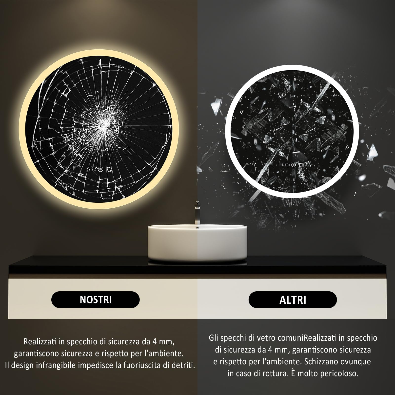 YU YUSING Specchio Bagno Rotondo con Luce LED 70cm, Specchio da Parete Retroilluminato Bagno, 3 Colori di Luce, Luminosità Regolabili, Interruttore Touch, Antiappannamento, Display Dell'Ora, IP44