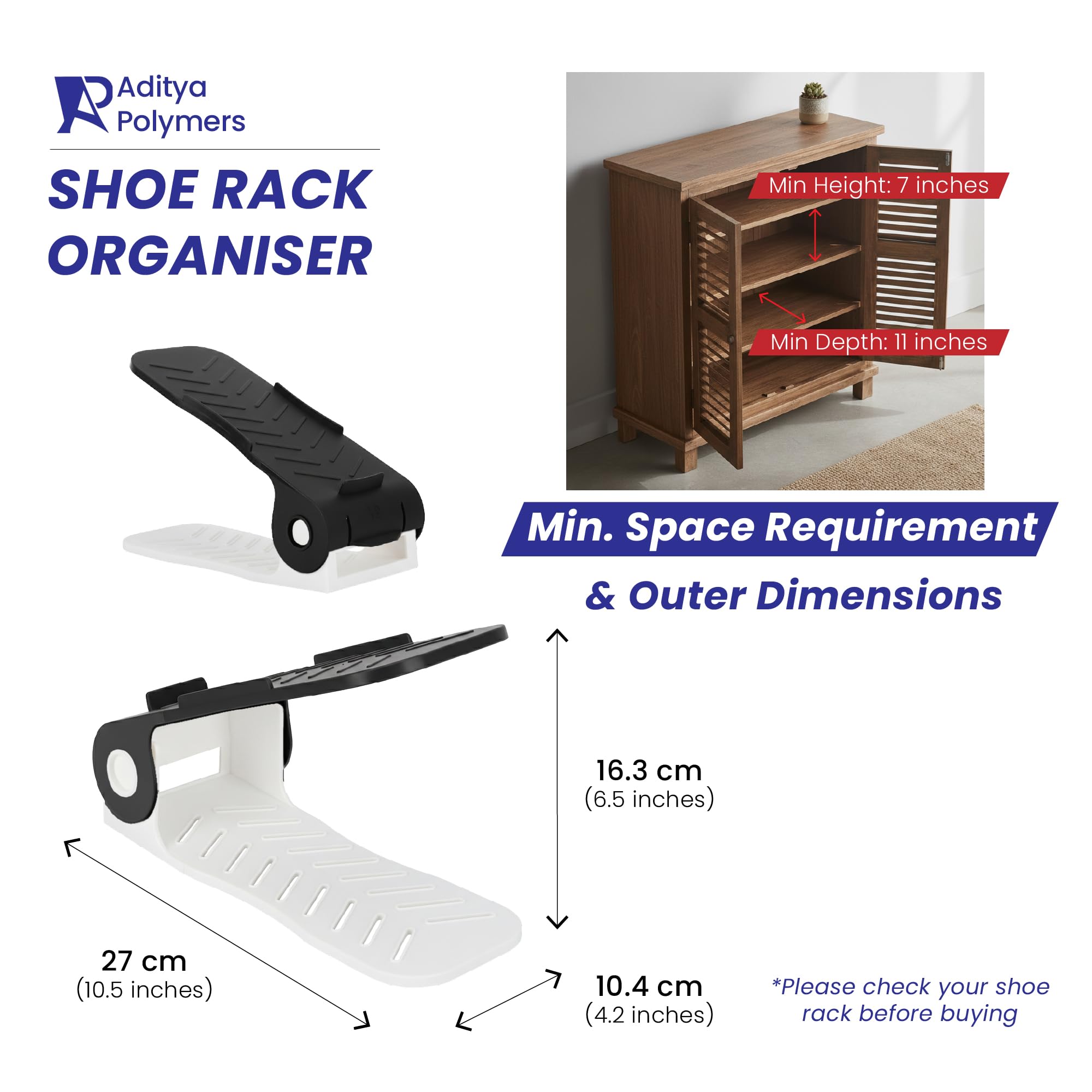 Aditya Polymers Adjustable Shoe Slot Organizer (Pack of 6, Black & White) | Double-Deck Space Saver & Stacker for Wardrobe, Closet & Shoe Rack | 4-Level Height | Anti-Slip Design 2