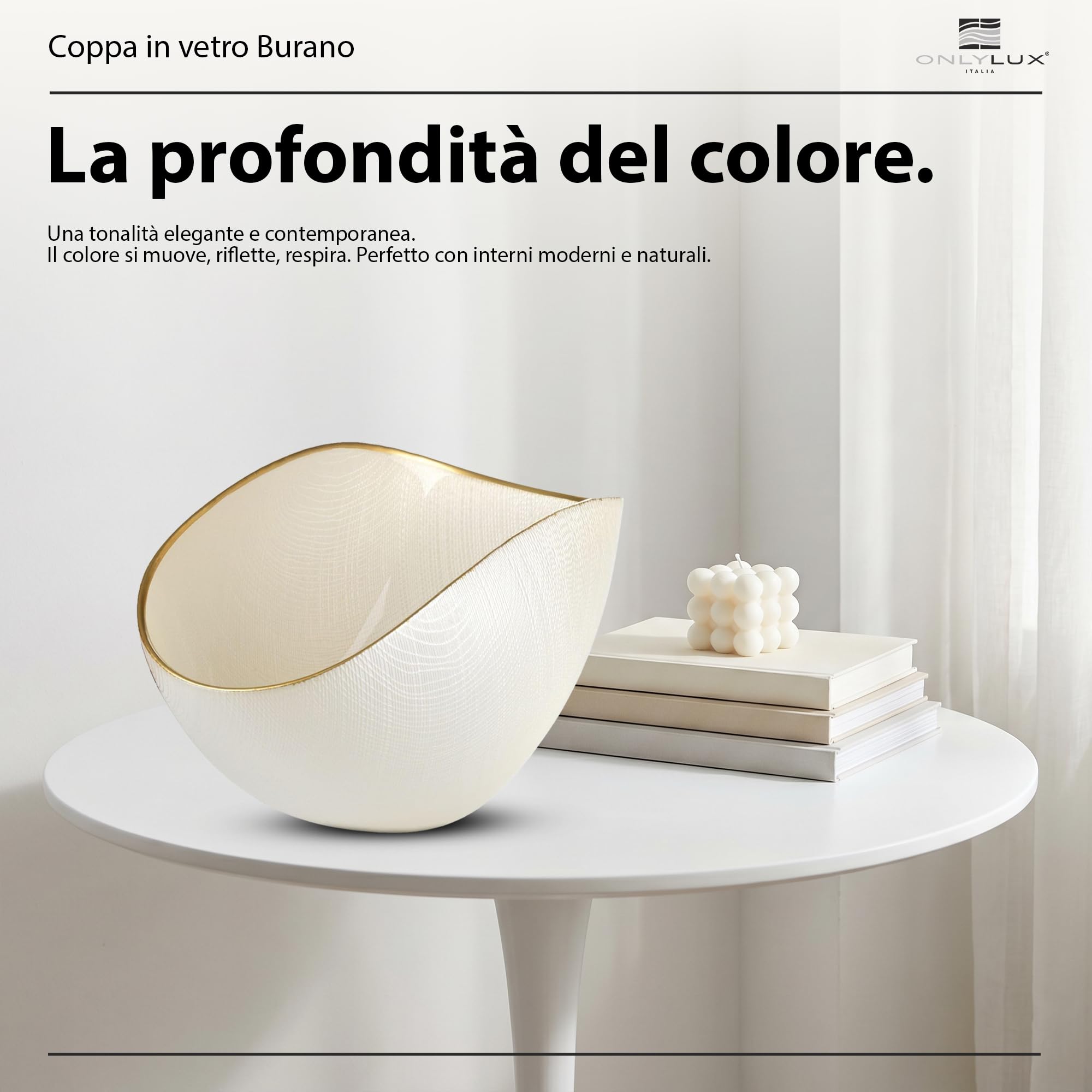 Onlylux Coppa Burano in Vetro Centrifugato Decorato a Mano - Centrotavola Decorativo 28 x 9,5 cm - Coppa in Vetro Artigianale per Arredo Casa - Bianco Perla Filo Oro