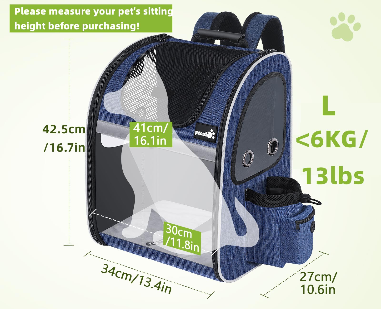 Pecute Zaino Porta Animali Estensibile Sia per Cani di Piccola Taglia Che per Gatti, Cuccia Portatile/Trasportino Estraibile Indicato per Viaggi Sia Lunghi Che Corti