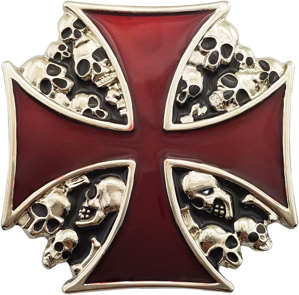Lanxy Cool Cross Skull Belt Buckle For Men Native American Big Red Enamel Skeleton Punk Gothic Belt Buckle, free