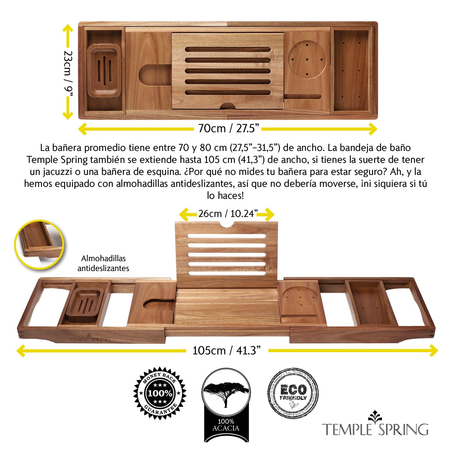 Temple Spring Estante Baño, Acacia Bandeja Baño, Bandeja Bañera Extensible, Accesorios Bañera - No Teca