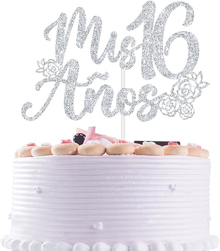 Mis Años 16 Topper, Feliz 16 cumpleaños, 16th Fiesta, Happy Sweet 16 decoraciones para tartas, decoraciones de fiesta de cumpleaños con purpurina