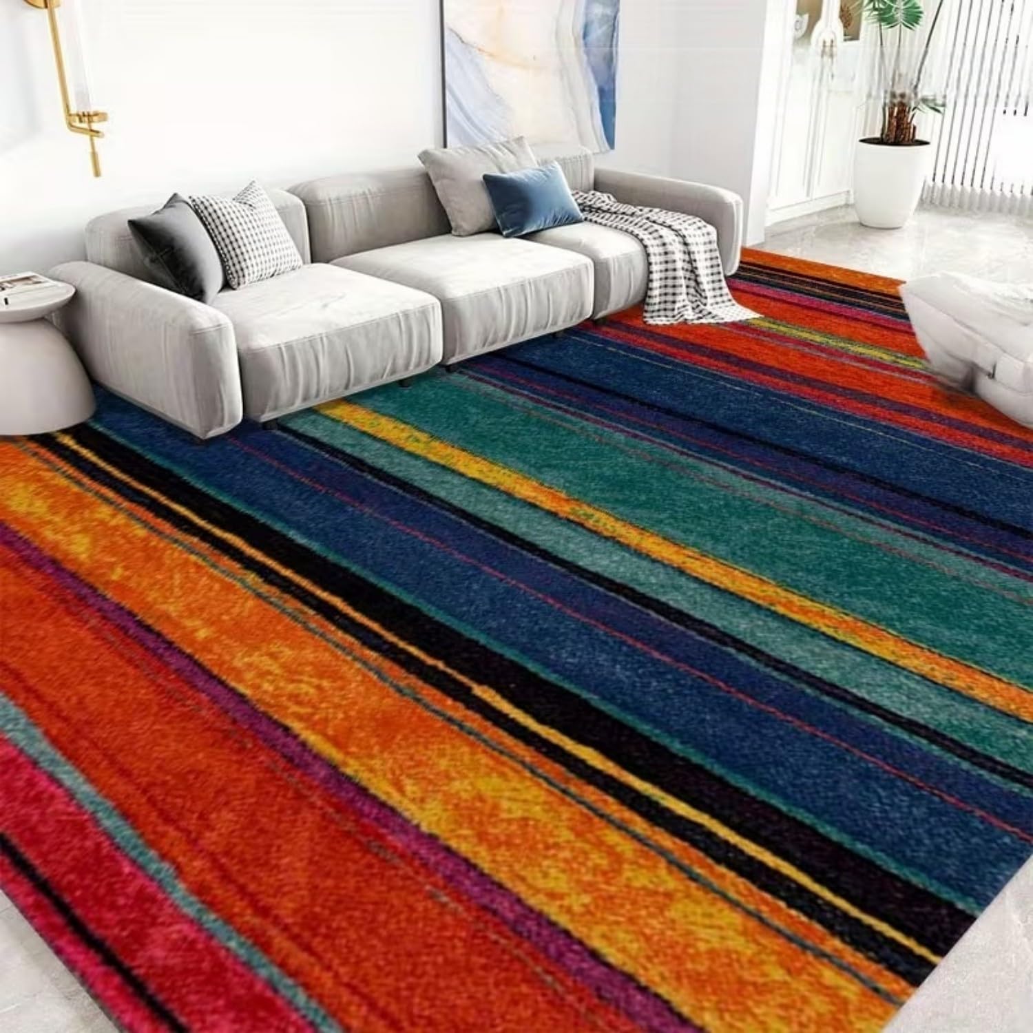 Multi Colour Striped Area Rug, 180x260cm Funky Retro Multi-Colour Striped Carpet Mid-Century Modern Abstract Carpet, Bold Painted Lines Non-Slip Floor Rugs for Living Room Bedroom Lounge Office