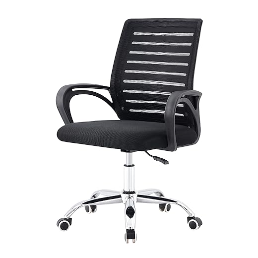 Cadeira De Escritório Giratória Home Office Encosto com Design Listrado em Malha Respirável Preta com Base Cromada e Cinco Rodinhas