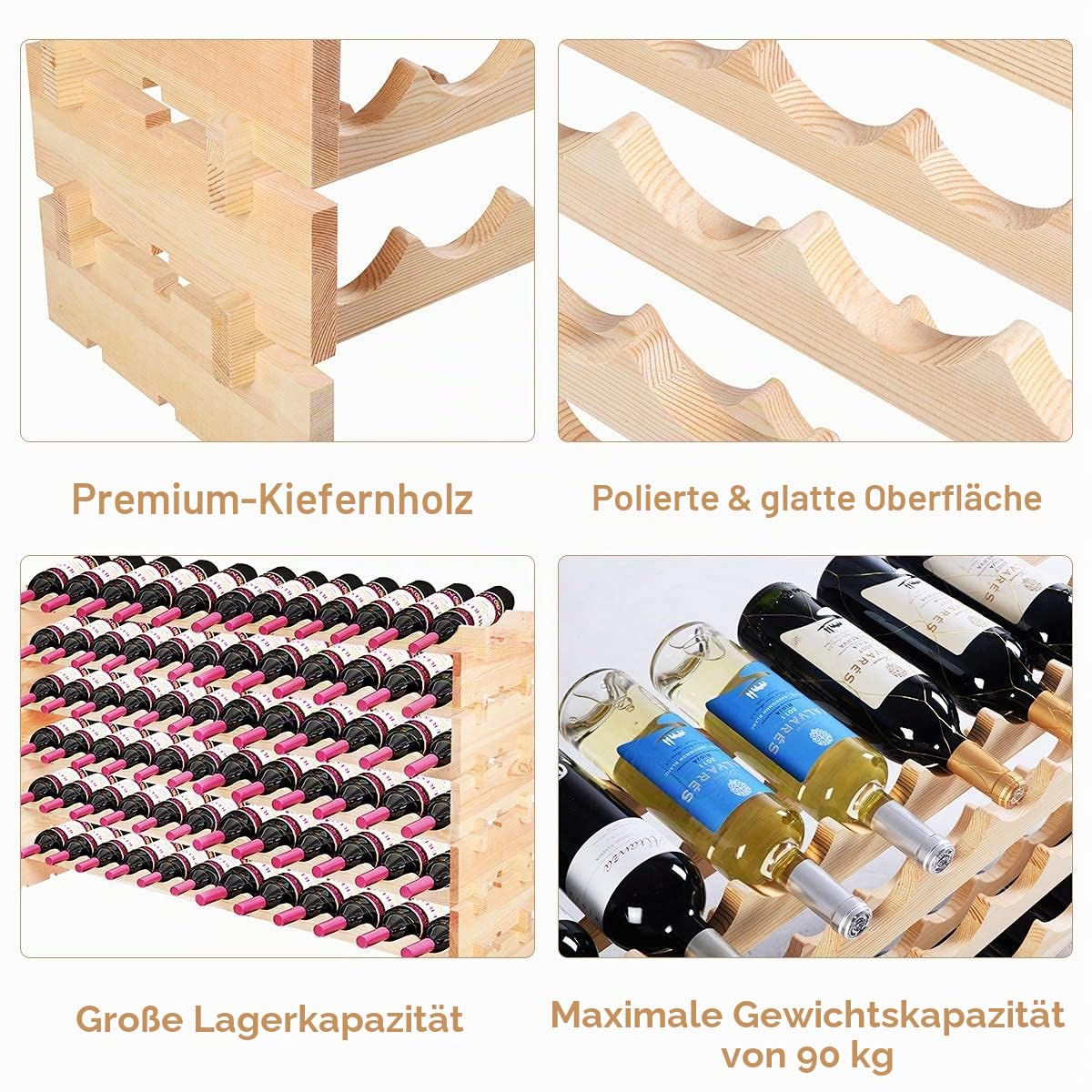 RELAX4LIFE Weinregal Kiefer, Weinschrank für 72 Weinflaschen, 6 Höhe Stapelbar, Weinständer für Küche & Wohnzimmer & Kneipe & Bar, ideale Weinfalschenregal für Weinliebhaber und Sammler, Natur