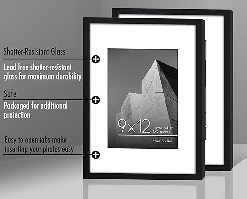 Miniatura 6 de Americanflat Portarretratos de 9 x 12 pulgadas, color negro, juego de 2 unidades, para uso como marco de fotos de 6 x 8 pulgadas con paspartú o