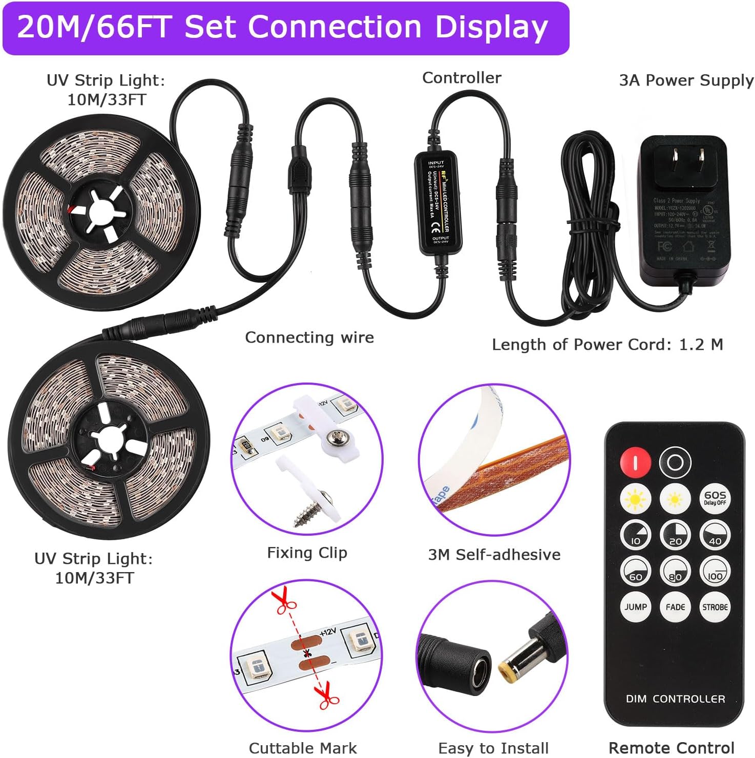 66 Foot Black Light Strips & Remote, Dimmable Flexible Blackights Strip Lights 1200 LEDs for Glow Party Body Paint Birthday Bedroom Room Fluorescent Tapestry Poster, Non-Waterproof