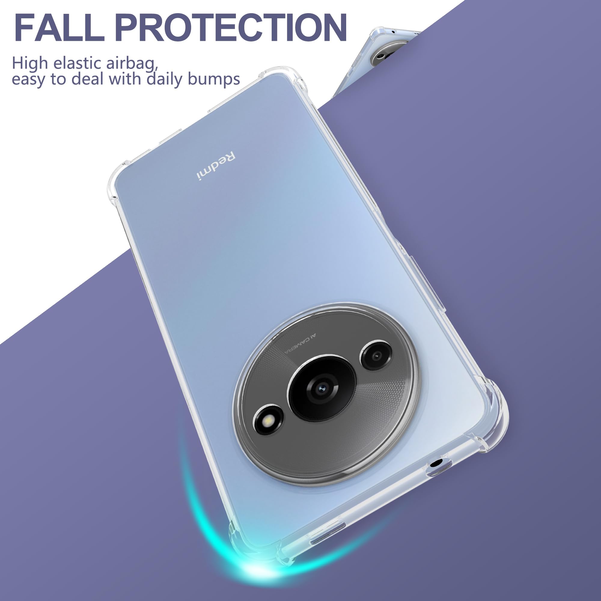 SMYTU Custodia per Xiaomi Redmi A3 4G (6,71") + 2 Pezzi Vetro Temperato,Trasparente Anti-Giallo Case Cover Protettiva Antiurto Leggera e Sottile per Xiaomi Redmi A3 4G - Crystal Clear