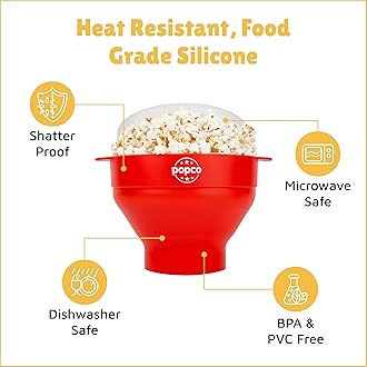 POPCO Microwave Popcorn Bowl - Silicone Snack Popcorn Popper with Handles - Collapsible Design, 2.3" Height When Folded -Dishwasher Safe Bowl for Healthy Treats - Red