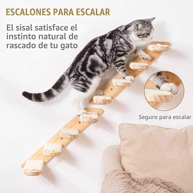 Foto 2 de 7 de Arbol para Gatos Pared, Escalera de Madera Cuerda Sisal para Trepadores